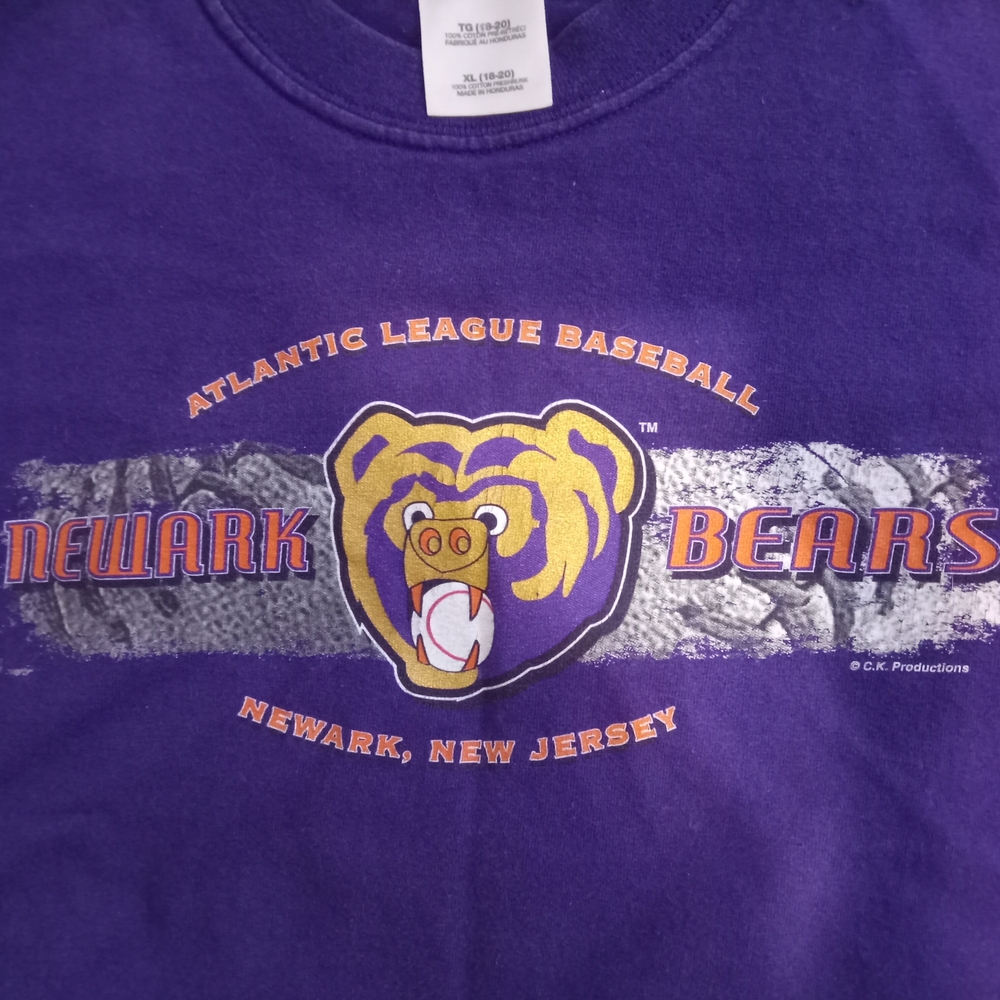 Newark Bears bundle, KIDS Xtra Large Purple T-Shirt and Mascot bobblehead